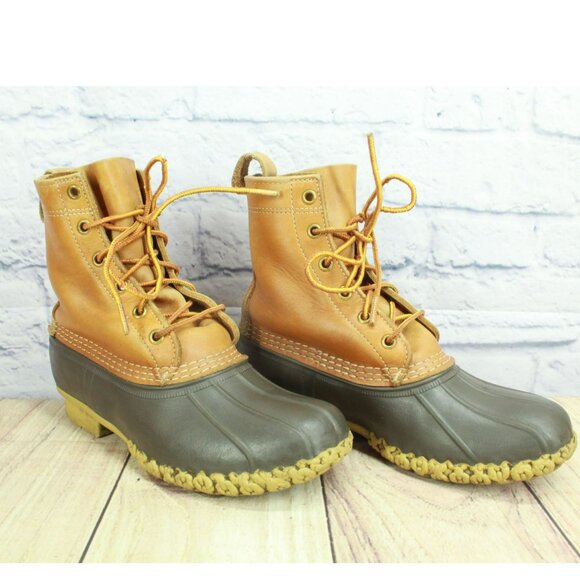 LL Bean Brown Unlined Ankle Duck Boots 8" Leather Lace Up Round Toe Size 7 M - Picture 3 of 11